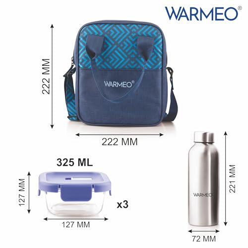 WARMEO BOROFRESH Set of 4 Borosilicate Glass Tiffin (3 Square Container,325ml Each + 1 Steel Bottle 750 ml)| Leakproof, Microwave & Dishwasher Safe Lunch Box with Bag for Office, College & School - Image 2