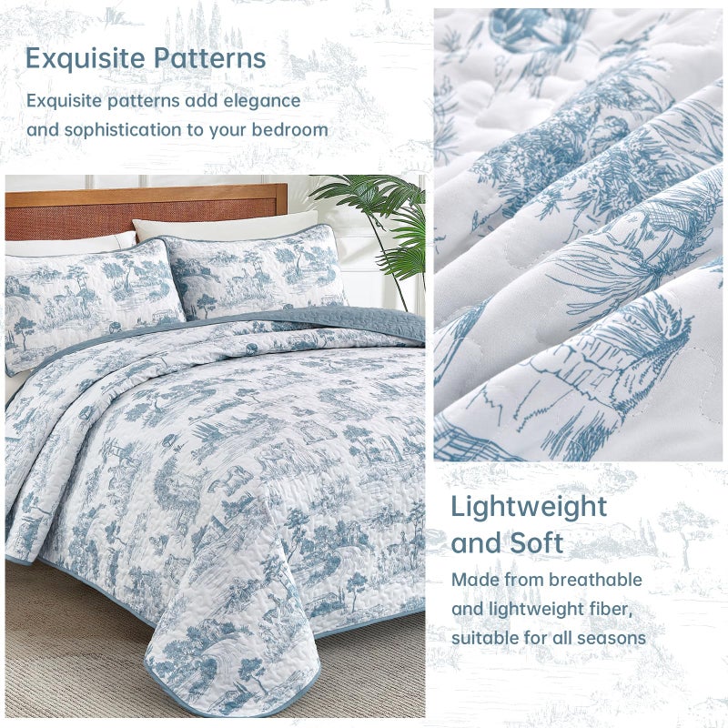 Drucon Blue Quilt Set King Size, Toile Farmhouse Bedspreads, 3 Pieces Rustic Village Landscape Printed Coverlet, Soft Microfiber Quilt Bedding Set for All Season (106x90 Inch) - Image 5