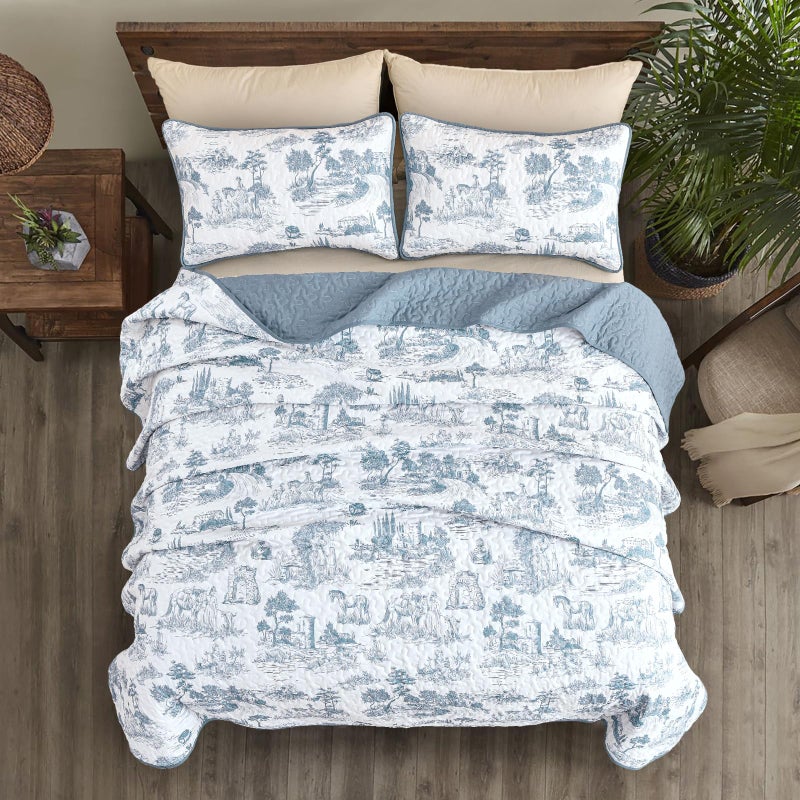 Drucon Blue Quilt Set King Size, Toile Farmhouse Bedspreads, 3 Pieces Rustic Village Landscape Printed Coverlet, Soft Microfiber Quilt Bedding Set for All Season (106x90 Inch) - Image 3