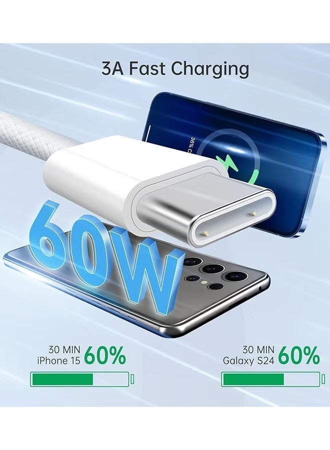 USB-C 60W Charging Cable,1 M Braided, Faster Charging Cord, Power Delivery PD Cable Type C, Compatible with iPhone 16/16Pro/16 Pro Max15/15 Pro/15 Plus/15 Pro Max,iPad Mini/Pro, MacBook Pro/Air, White - Image 2