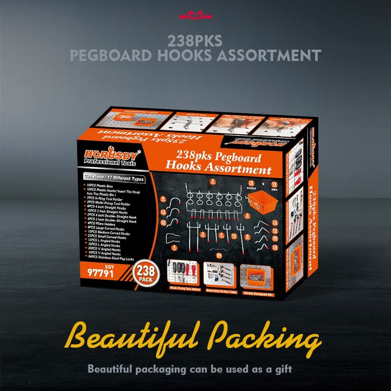 HORUSDY 238-Piece Pegboard Hooks Assortment, Pegboard Accessories with Pegboard Bins for Organizing Various Tools - Image 2