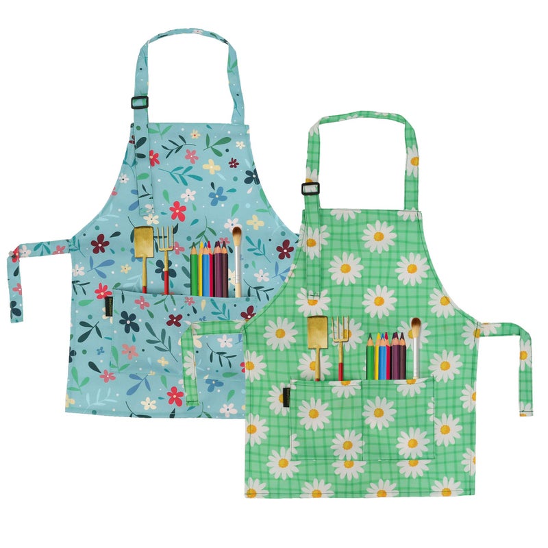 BeeGreen Kids Apron 2 Pack Cooking Aprons with Adjustable Strap Kids Kitchen Aprons with Front Pocket for Girls Toddler Painting Baking Artist Washable Lightweight Green Daisy Flower Blue Flower