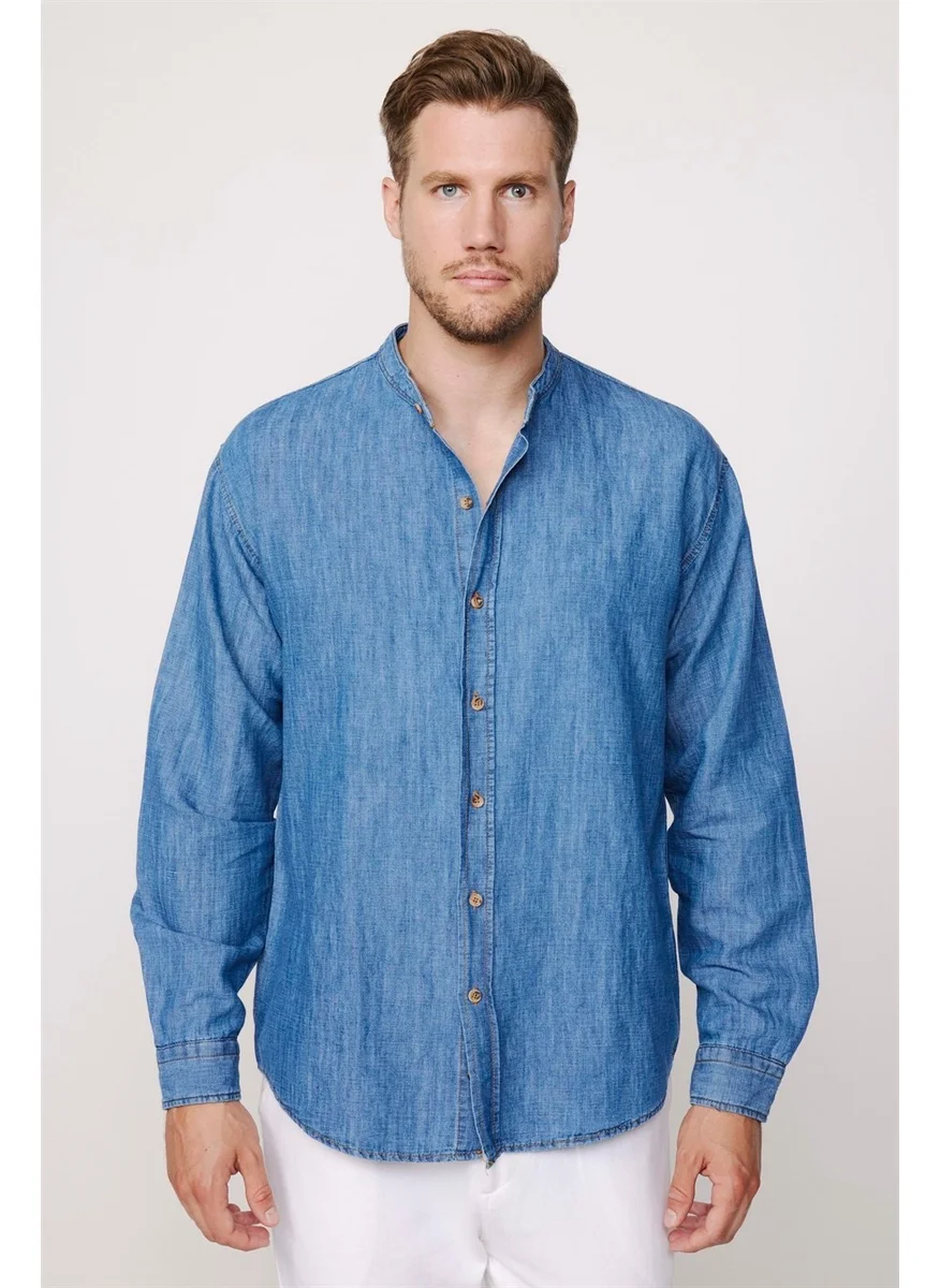 تودورس Relax Fit Long Sleeve Crew Neck Blue Denim Jeans Shirt