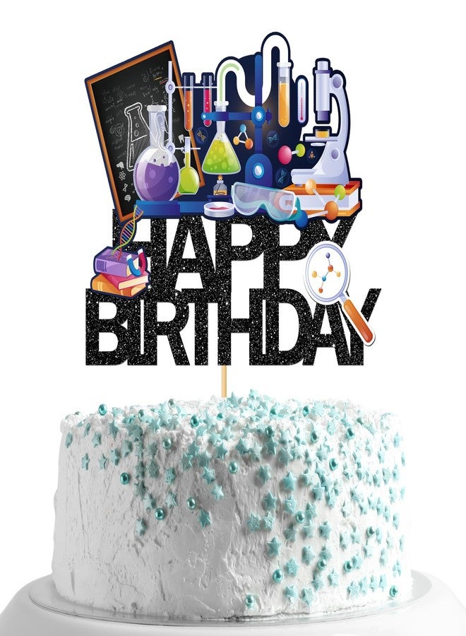 MonMon & Craft Science Happy Birthday Cake Topper/Baby Shower Cake Decor / - Mad Scientist Chemistry Theme Party Decor Supplies - Black Glitter - Image 1