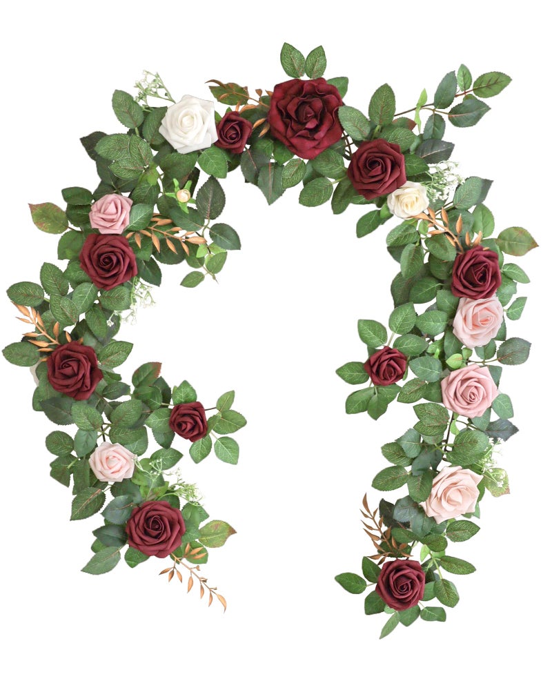 Lookein Artificial Rose Flower Garland Greenery Garland 5FT for Wedding Ceremony Backdrop Arch Flowers Table Centerpieces Decorations Burgundy