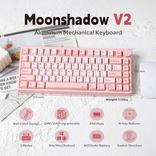KiiBoom Moonshadow V2 75 Wireless Aluminum Gaming Keyboard QMKVIA Programmable BT5024GHzUSBC HotSwappable Creamy Mechanical Keyboard with FR4 Plate Knob 4000mAh Battery Pink - Image 3