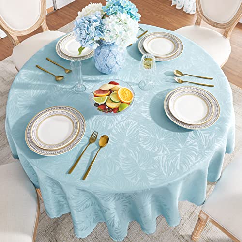 EFFICINATURE Round Tablecloth Blue Table Cloth Leaves Pattern Scalloped Edge Silky Soft Waterproof Washable 50 Inch Fabric Table Cover for Dining Kitchen Picnic Party Banquet Patio Holiday Decoration - Image 2