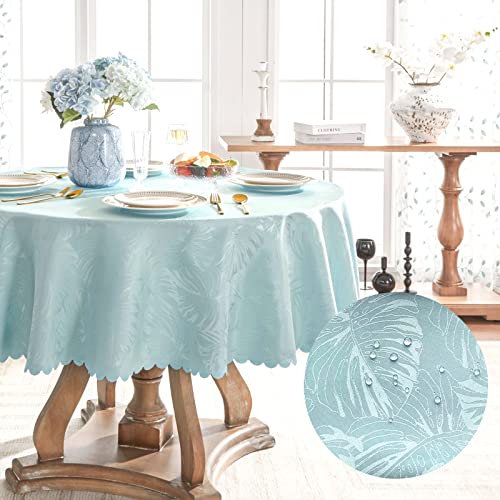 EFFICINATURE Round Tablecloth Blue Table Cloth Leaves Pattern Scalloped Edge Silky Soft Waterproof Washable 50 Inch Fabric Table Cover for Dining Kitchen Picnic Party Banquet Patio Holiday Decoration - Image 1