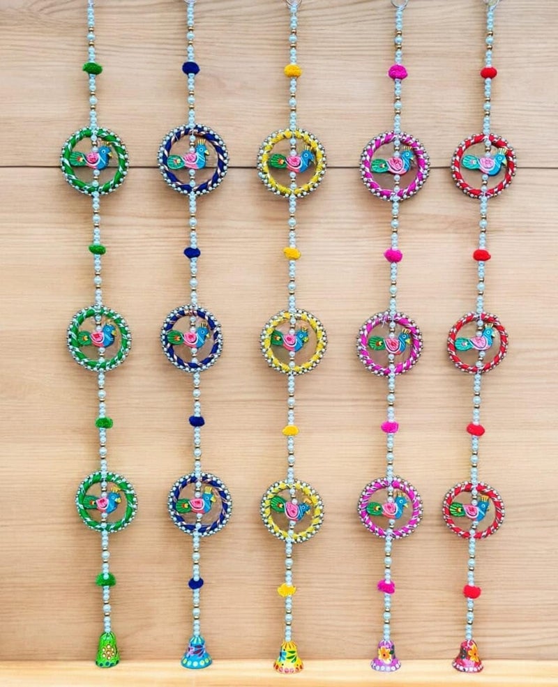 Sacred Vibes Handcrafted Wooden Mayur Kalash Combo Ring Hanging with Hand Painted Bell for Diwali Ganesh Chaturthi Home Pooja Wedding Decoration Hand Made in India Multicolour One Set - Image 1