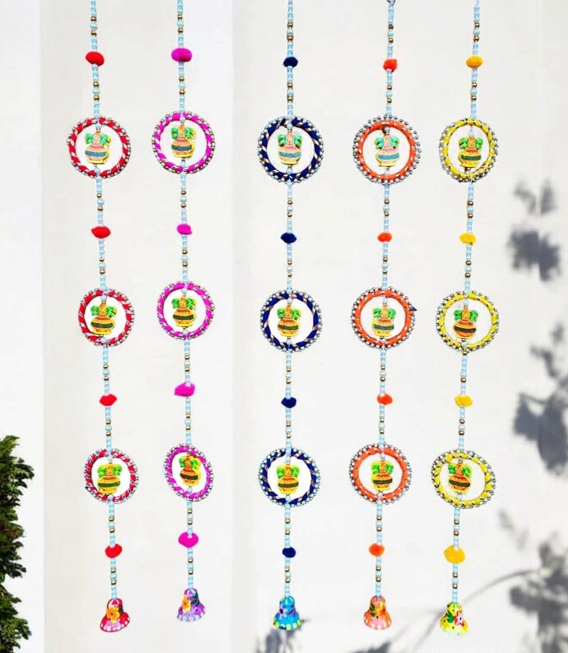 Sacred Vibes Handcrafted Wooden Mayur Kalash Combo Ring Hanging with Hand Painted Bell for Diwali Ganesh Chaturthi Home Pooja Wedding Decoration Hand Made in India Multicolour One Set - Image 2