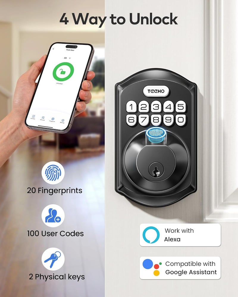 TEEHO TE012W WiFi Smart Lock, Fingerprint Door Lock with Built-in Wi-Fi, Keyless Entry Keypad Smart Deadbolt, App Remote Control, Alexa Compatible, IP55 Waterproof for Front Door – Matte Black - Image 4