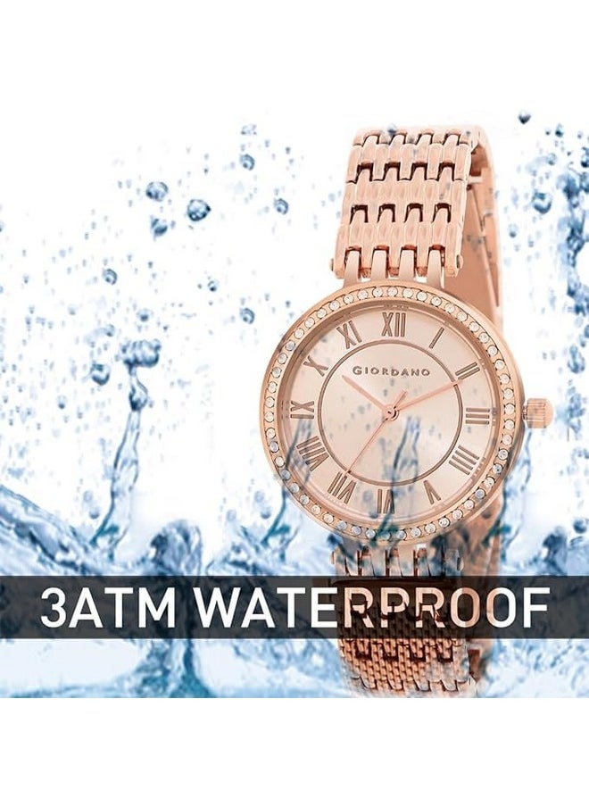 GIORDANO Giordano Eleganza Collection Round Analog Watch for Women, Diamond-Set with Metal Strap Ladies Water Resistant Wrist Watch - A2083 (Rose Gold)  - Image 4