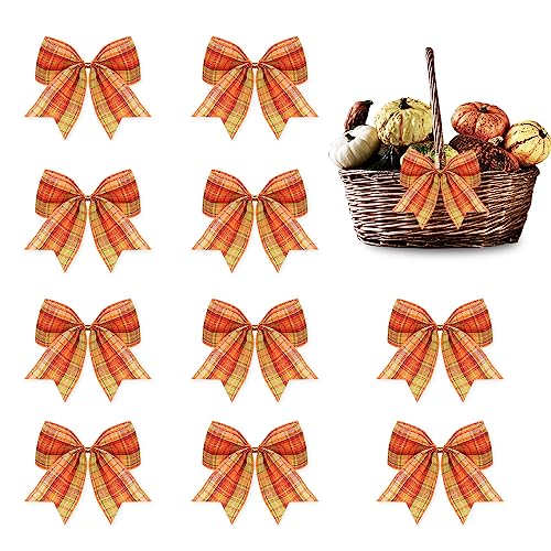 Hying 10PCS Fall Bows for Wreath Linen Plaid Orange Harvest Wreath Bows for Thanksgiving Dcor Thanksgiving Bows for Front Door Indoor Outdoor Wall Tree Topper Autumn Decoration Supplies Ornament - Image 1
