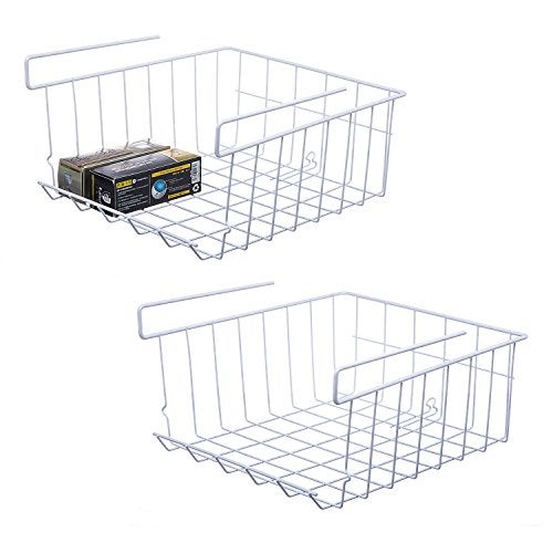 Lonians 2-Pack Under Shelf Hanging Storage Baskets - Metal Wire Rack Organizer for Kitchen, Pantry, Cabinet, Bathroom, Desk - Space Saving Shelf Extender (White, Large) - Image 1