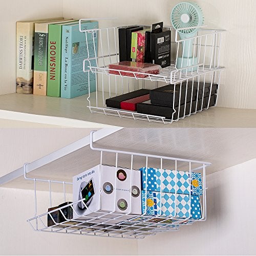 Lonians 2-Pack Under Shelf Hanging Storage Baskets - Metal Wire Rack Organizer for Kitchen, Pantry, Cabinet, Bathroom, Desk - Space Saving Shelf Extender (White, Large) - Image 5