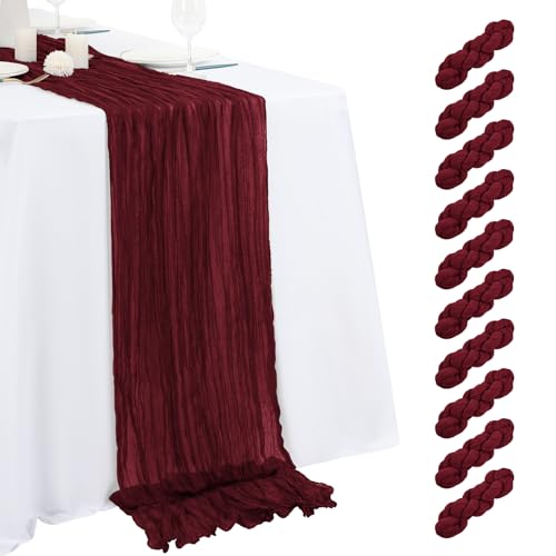 Beautane 10 Pack Burgundy Cheesecloth Table Runner 17x108 Inch Semi Sheer Boho Gauze Cheese Cloth Table Runners for Wedding Bridal Shower Birthday Party Home Decor Garden Farmhouse - Image 1
