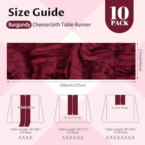 Beautane 10 Pack Burgundy Cheesecloth Table Runner 17x108 Inch Semi Sheer Boho Gauze Cheese Cloth Table Runners for Wedding Bridal Shower Birthday Party Home Decor Garden Farmhouse - Image 3