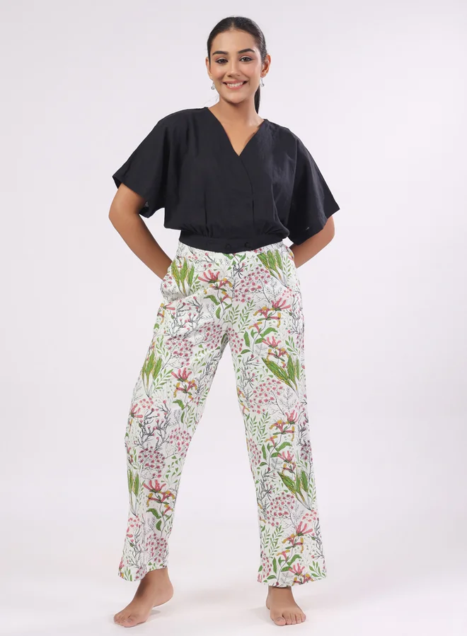 sanskrutihomes Black V Neck Cotton Top and Tropical Pyjama Set