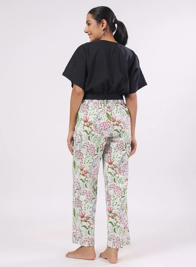 sanskrutihomes Black V Neck Cotton Top and Tropical Pyjama Set