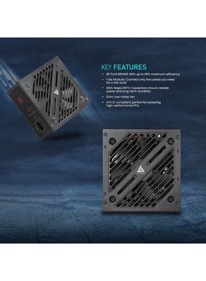 Aztech مزود طاقة PRIME 750W 80 Plus Bronze ATX 3.1 & PCIe 5.1 جاهز بالكامل مع مروحة هجينة فائقة الهدوء PSU 120 مم، مكثفات يابانية 100% 105°C، تحكم في الضوضاء ZERO RPM مزود طاقة RTX 40 و Ryzen و Intel - Image 3