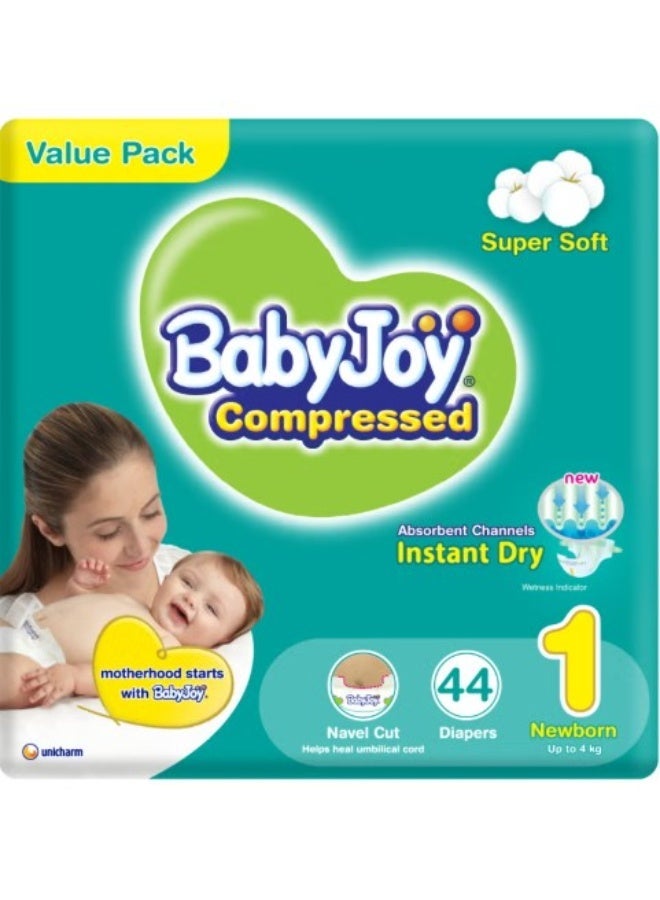Babyjoys Compressed Diaper, Size 1, Newborn, 0-4 Kg, Value Pack, 44 Diapers