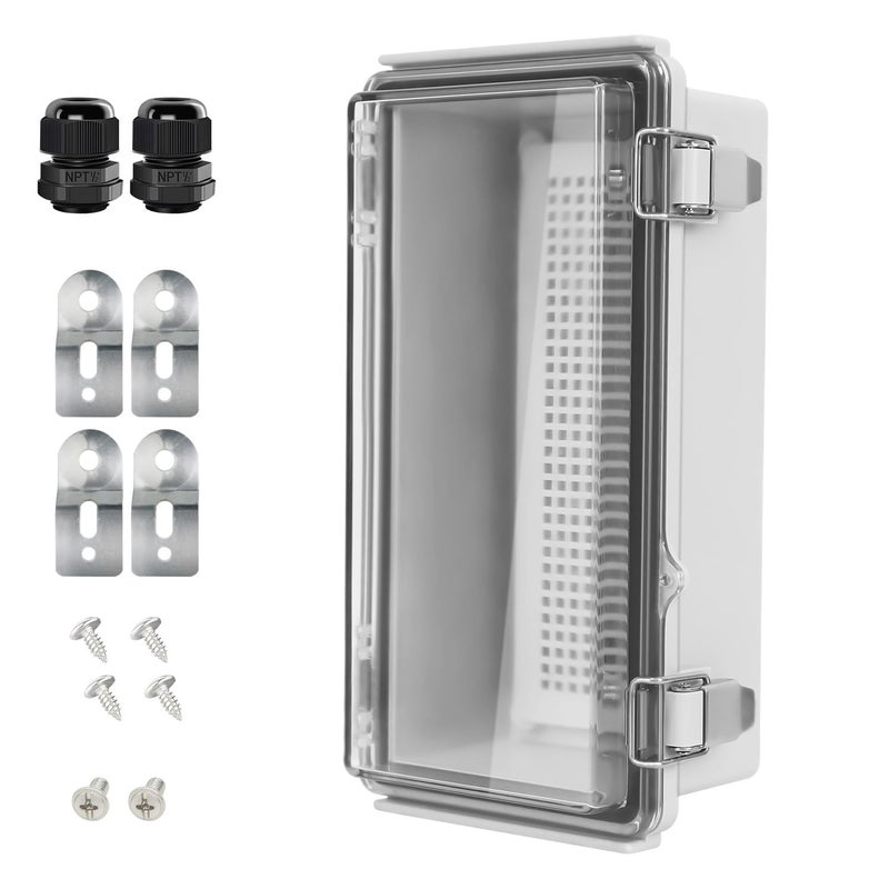 LeMotech Electrical Box IP67 Waterproof Hinged Clear Cover Stainless Steel Latch Junction Box ABS Plastic Electrical Enclosure with Mounting PlateWall Brackets Cable Glands82x42x29Grey