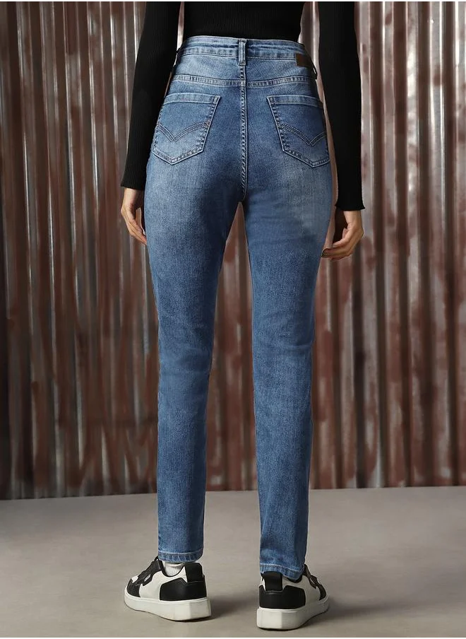 هاي ستار Women Jeans in Blue featuring Skinny fit fit with a washed pattern, regular length, secured with button closure, crafted from cotton – perfect for elevating your everyday style.
