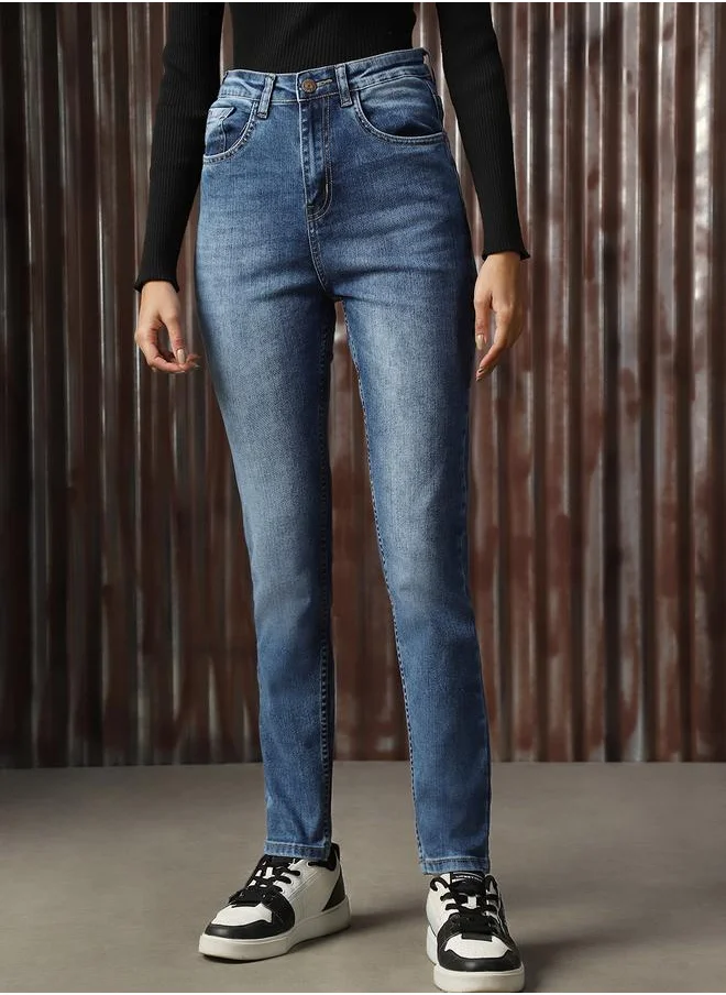 هاي ستار Women Jeans in Blue featuring Skinny fit fit with a washed pattern, regular length, secured with button closure, crafted from cotton – perfect for elevating your everyday style.