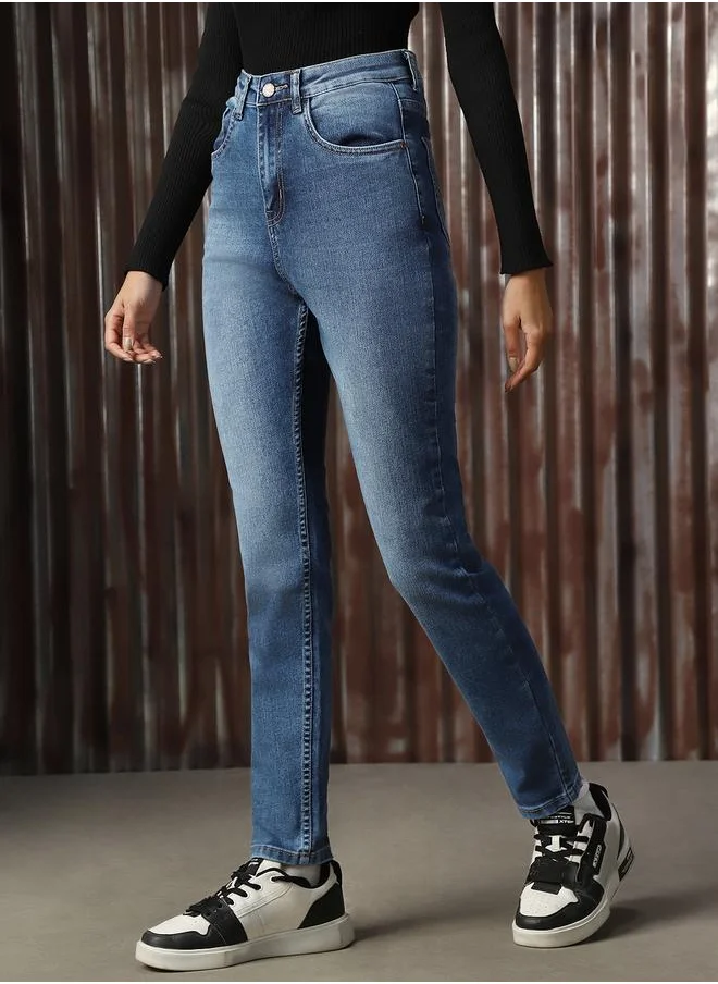 هاي ستار Women Jeans in Blue featuring Skinny fit fit with a washed pattern, regular length, secured with button closure, crafted from cotton – perfect for elevating your everyday style.