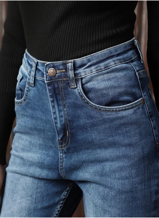 هاي ستار Women Jeans in Blue featuring Skinny fit fit with a washed pattern, regular length, secured with button closure, crafted from cotton – perfect for elevating your everyday style.