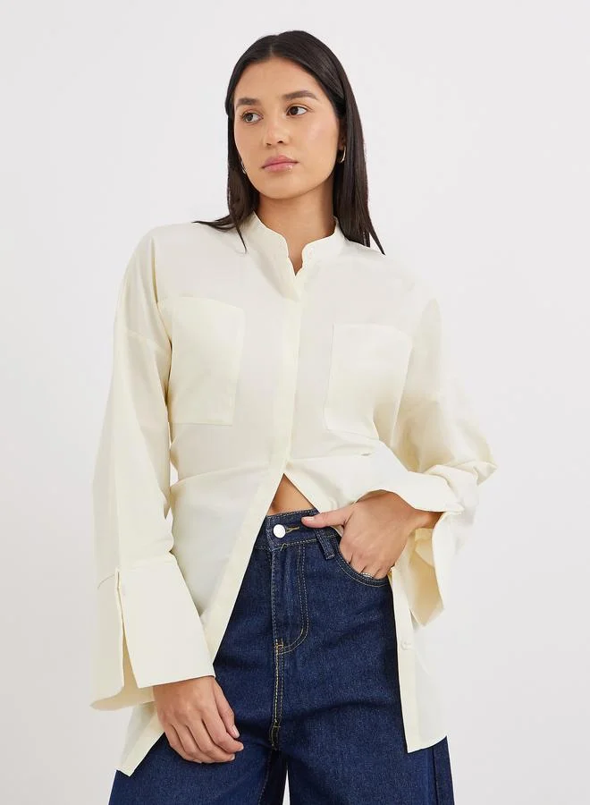 ستايلي Styli Cream Relaxed Fit Longline Shirt with Pockets
