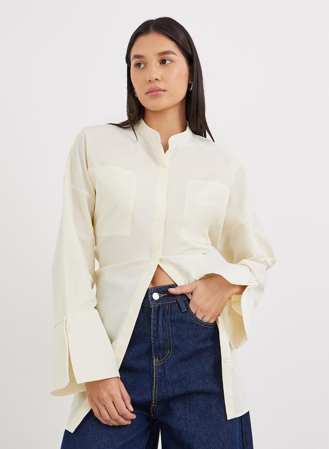 Styli Cream Relaxed Fit Longline Shirt with Pockets - Image 1