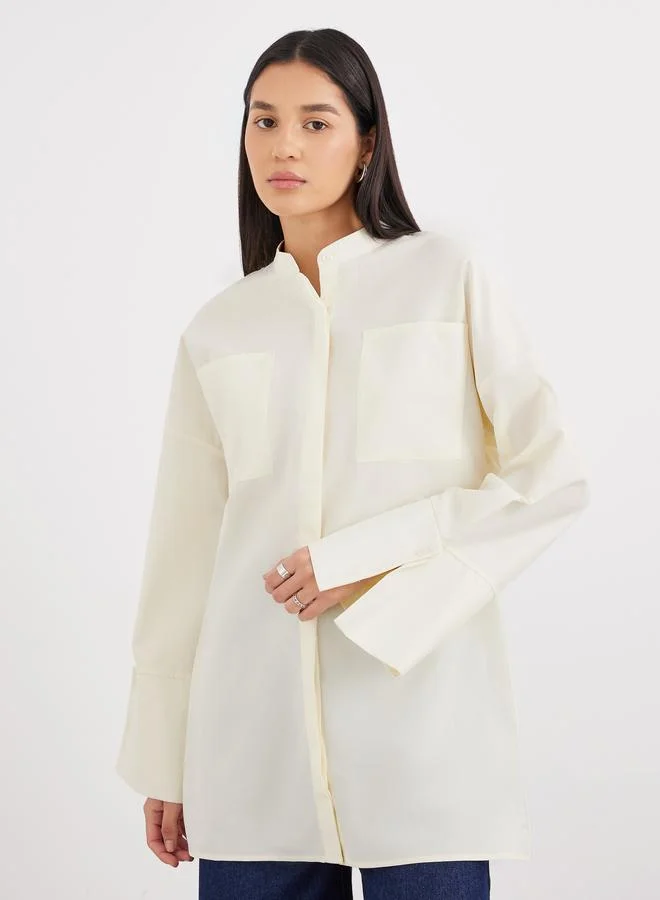 ستايلي Styli Cream Relaxed Fit Longline Shirt with Pockets