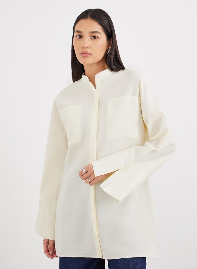 Styli Cream Relaxed Fit Longline Shirt with Pockets - Image 2