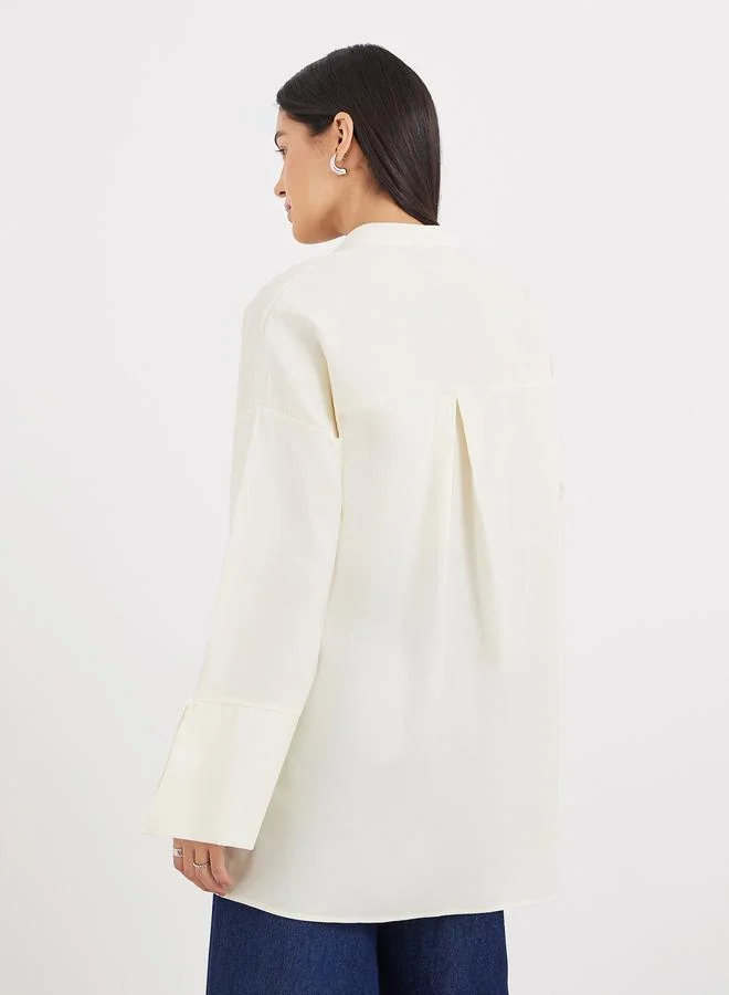 Styli Styli Cream Relaxed Fit Longline Shirt with Pockets