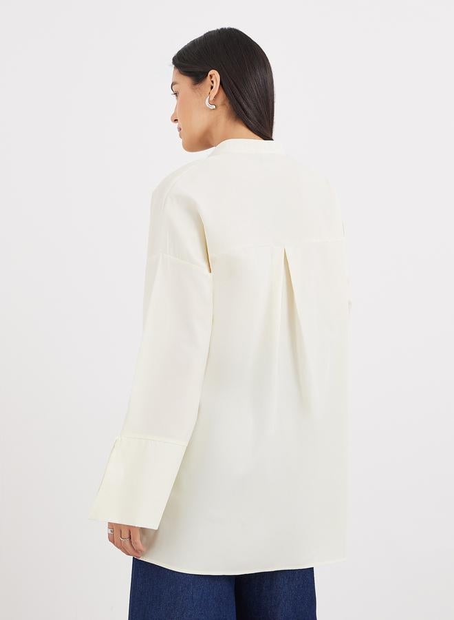 Styli Cream Relaxed Fit Longline Shirt with Pockets - Image 5