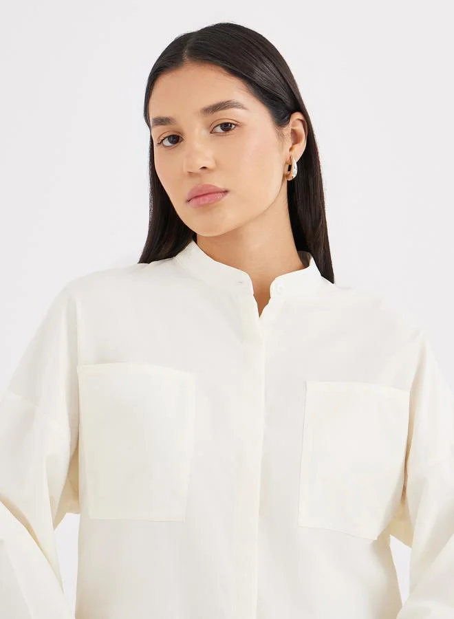 Styli Styli Cream Relaxed Fit Longline Shirt with Pockets