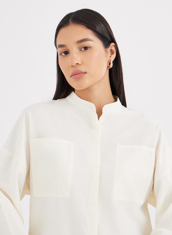 Styli Cream Relaxed Fit Longline Shirt with Pockets - Image 4