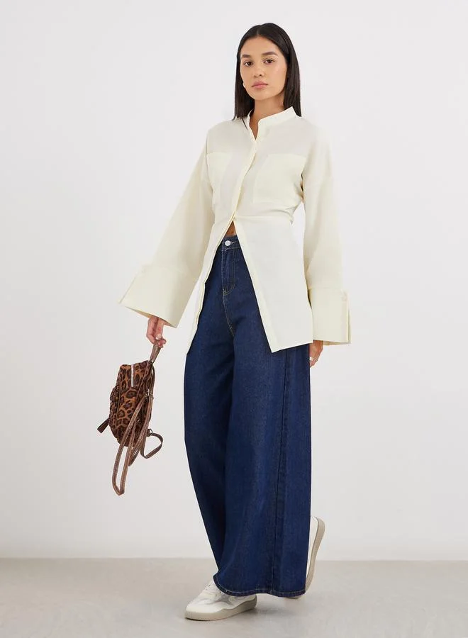 Styli Styli Cream Relaxed Fit Longline Shirt with Pockets