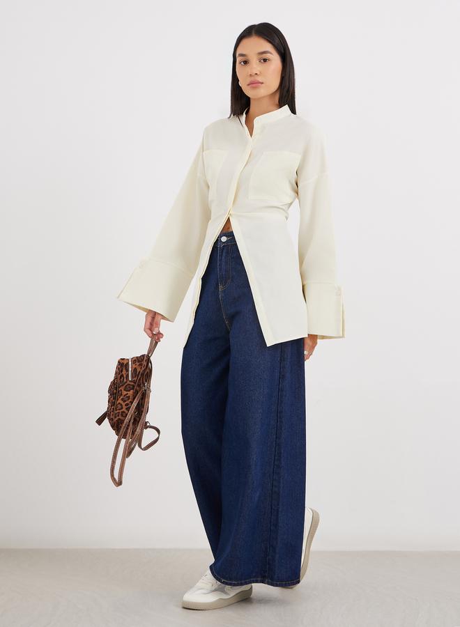Styli Cream Relaxed Fit Longline Shirt with Pockets - Image 3