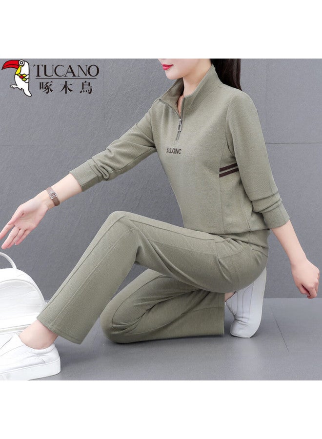 Wood Women's Autumn Sports Suit New Loose Running Casual Embroidered Stand Collar Long Pants Two-piece Set Gray Green 4XL
