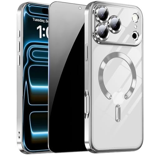 ZOZDOKG Magnetic for iPhone 17 Pro Max Case with Privacy Screen Protector & Full Camera Cover [Fit for MagSafe] [Non-Yellowing] Metal Glossy Soft Shockproof Clear Case for 17 ProMax Girl Women, Silver - Image 1