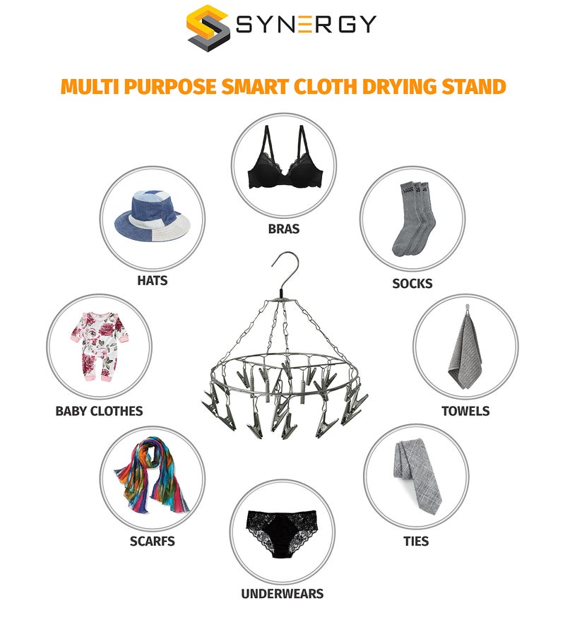 Synergy 24 Clips Stainless Steel Round Cloth Hanger/Clothes Stand for Drying/Clothes Drying Stand/Hanger with Clips/Baby Clothes Dryer/Undergarments Hanger/Stand for Drying Clothes (SY-CS17) - Image 4
