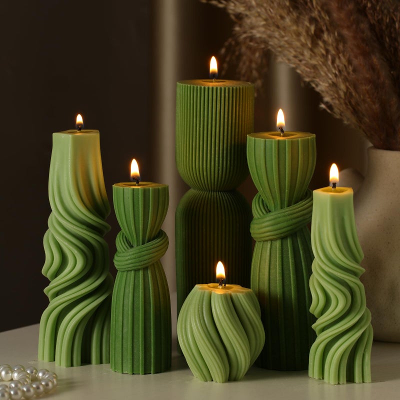 Threlaco 6 Pcs Pillar Candles Modern Aesthetic Ribbed Decorative Candle Set Cute Soy Wax Scented Ribbed Decor for HomeGreen236689 Inch