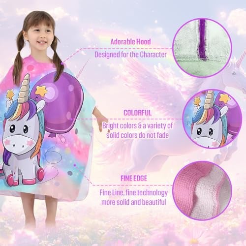TONY STARK Poncho Towel for Kids, Beach Towel with Hoodie, 60x60cm Travel Towel for 1-7 Years Girls and Boys, Soft Microfiber Sleeved Poncho (Magical Unicorn) - Image 3