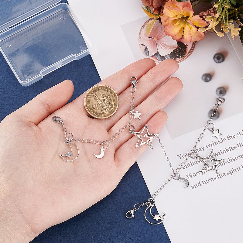 2sets Brass Shoes Chain with Star Moon Alloy & Stainless Steel Pendants and Alloy Lobster Claw Clasps 120mm 2pcs/set - Image 3