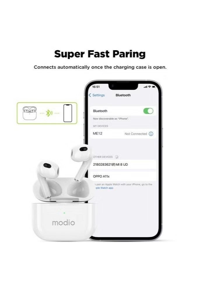 modio ME12 Bluetooth Wireless Earphone – Premium Stereo Sound, Comfortable Fit, Long Battery Life, Noise Isolation, Touch Controls – Perfect for Android, iOS, and Bluetooth Devices – Ideal for Music, Calls & Hands-Free Use – White - Image 3