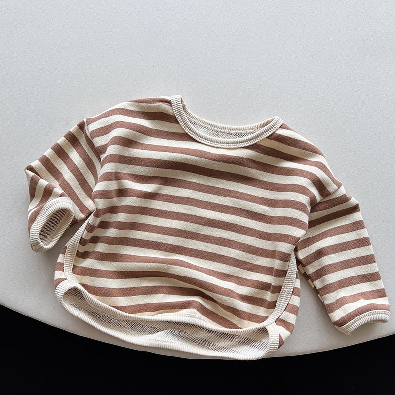 Children's Striped T-Shirt ~ Autumn New Boys and Girls Casual Joker Base Shirt Children's Treasure Korean Mori Fashion Children's Wear - Image 1