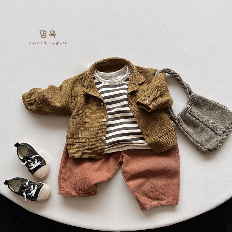 Children's Striped T-Shirt ~ Autumn New Boys and Girls Casual Joker Base Shirt Children's Treasure Korean Mori Fashion Children's Wear - Image 3