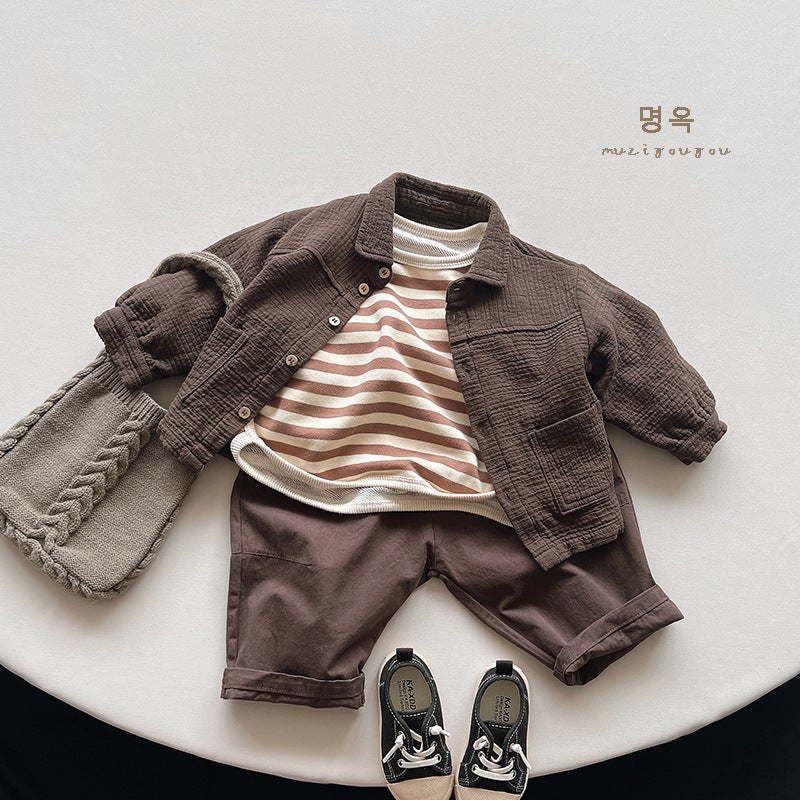 Children's Striped T-Shirt ~ Autumn New Boys and Girls Casual Joker Base Shirt Children's Treasure Korean Mori Fashion Children's Wear - Image 4